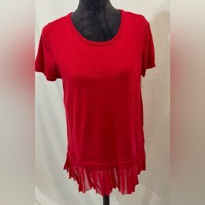 APT 9 Feminine Red Knitted Top Sheer Fabric Pleated‎ Hem Short Sleeve Large
